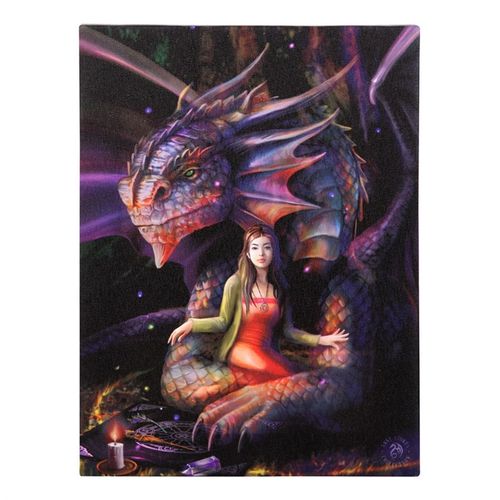 Immerse yourself in the mystical realm with this 19x25cm canvas wall plaque showcasing the enchanting Spirit Dragon artwork by renowned fantasy artist Anne Stokes. This high-quality, full-colour print captures a serene woman and her ethereal spirit guide nestled within a glowing magic circle, symbolizing protection and ancient wisdom. Perfect for adding a touch of otherworldly charm to your sacred space, this plaque invites the presence of powerful energies and deep connection to the spirit world. Let the S