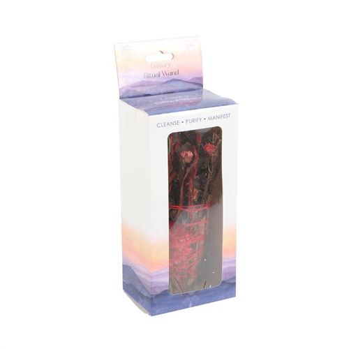 The act of ‘smudging’ is a traditional Native American practice used to cleanse and purify spaces using the smoke of burning sacred herbs. Sustainably sourced and made in the USA, this beautiful ritual wand features fragrant rosemary, dried red flowers, cinnamon bark and yerba santa sage thoughtfully handtied into a tight bundle for burning and display.