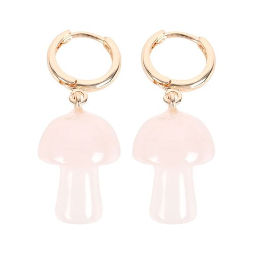 These enchanting mushroom earrings are crafted from polished rose quartz. The mushroom-shaped gemstones harness the power of crystal healing, and are attached to small gold hoop earrings with a matching informational tag.