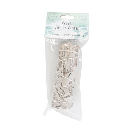 White sage wand packaging with text on a white background