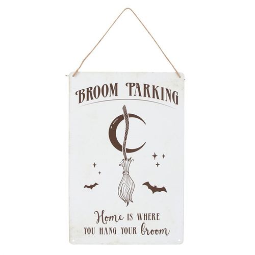 Display your magical charm with this metal Broom Parking sign. It showcases an enchanting broom design alongside the phrase, "Home is where you hang your broom."