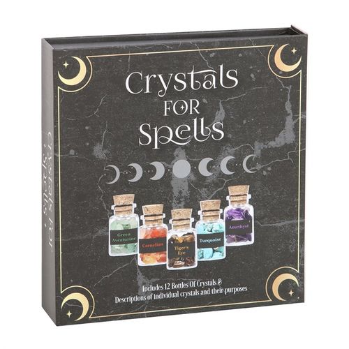 Enhance intentions and decorate your sacred space with this curated set of crystal chip jars. Includes 12 bottles filled with natural crystals for creating spell jars, crystals grids, jewellery and more, packaged in a padded, informational giftbox.
