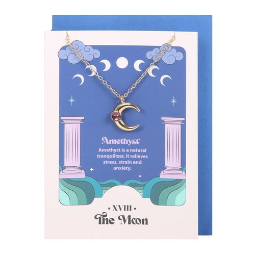 The perfect gift for expressing spiritual growth and inner peace. This stainless steel necklace features a moon pendant with an amethyst crystal. Presented on a colourful greeting card inspired by 'The Moon' tarot card designs, and text describing the benefits of amethyst: "Amethyst is a natural tranquilizer, it relieves stress, strain and anxiety".