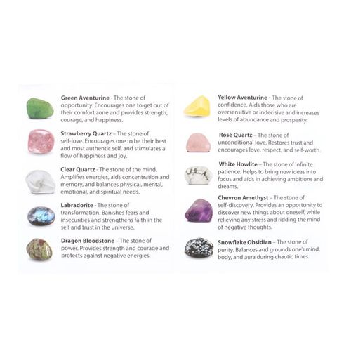 Crystals include green aventurine, strawberry quartz, clear quartz, labradorite, dragon bloodsone, yellow aventurine, rose quartz, white howlite, chevron amethyst, snowflake obsidian, gold tiger's eye, blue turquenite, sodalite, carnelian, and hematite packaged in a sliding gift box.