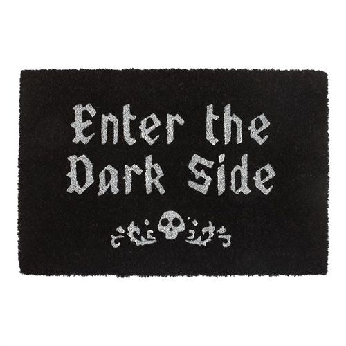 Black doormat with 'Enter the Dark Side' text and skull design on a white background