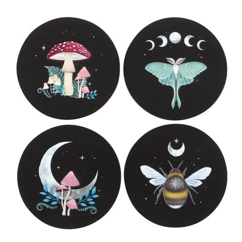This mystical set of four coasters captures the essence of a dark forest, showcasing a rich mushroom scene, a luna moth framed by moon phases, a pastel mushroom embraced by a crescent moon, and a bumblebee beneath a sparkling starlit sky. Ideal for enchanting your table while safeguarding surfaces with a touch of magic.