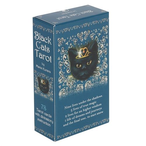 Blue box of Black Cats Tarot with a black cat illustration on a white background