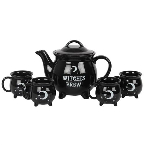 Invite your coven to a magical tea time with the 'Witches Brew' ceramic teapot and four enchanting cauldron cups. Perfect for stirring up spirited conversations at your next gathering. Dimensions: H19cm x W26cm x D16.5cm. Packaged size: H21cm x W51cm x D20cm.