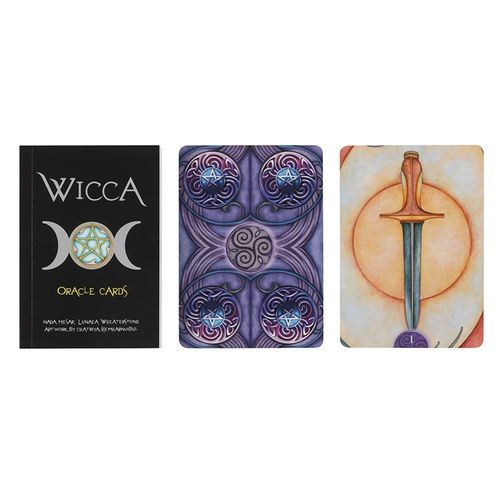 Wicca Oracle Cards with a black cover, purple and blue design, and a card with a sword.