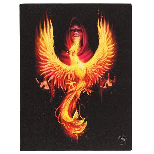 Embrace the powerful magic of transformation with this exquisite 19x25cm canvas plaque featuring the 'Phoenix Rising' artwork by renowned fantasy artist Anne Stokes. The mystical phoenix, a symbol of rebirth and renewal, bursts forth in vivid detail, inviting you to awaken your inner strength and rise from the ashes of the old. Crafted with high-quality materials, this plaque measures 25cm tall, 19cm wide, and 1.5cm deep, making it a perfect talisman for your sacred space or altar. Let the fiery spirit of t