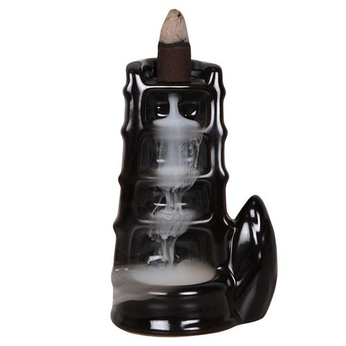 This enchanting backflow incense burner features a black ceramic design shaped like a split bamboo ladder. Light the cone and watch as the smoke gracefully flows downward like a mystical waterfall, gathering at the base in a captivating display. For the most magical experience, burn indoors away from drafts. A faint oily residue may appear after use—protect your surfaces and simply wipe it clean with a damp cloth. Use only backflow incense cones to summon the mesmerizing smoke; ordinary cones won’t conjure