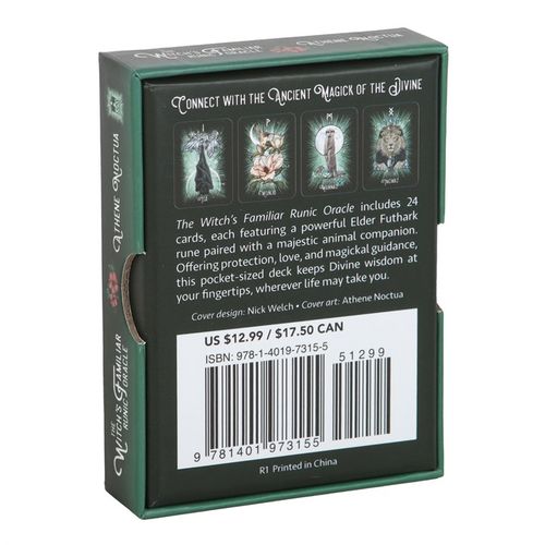 Unlock ancient wisdom with The Witch's Familiar Runic Oracle card deck by Athene Noctua. This beautifully crafted 24-card deck features stunning animal imagery — owls, ravens, snakes, and other magical familiars — each symbolizing unique qualities and sacred powers. Perfect for divination, meditation, or ritual work, this deck guides you through the mysteries of the runes with an insightful guidebook included. Presented in an elegant matching box, it makes an enchanting addition to your witchcraft tools or