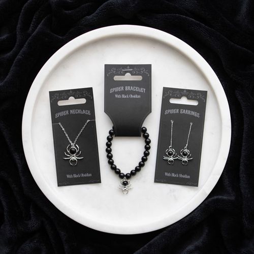 Add a little spooky to your style with these spider earrings crafted from stainless steel and featuring black obsidian details.