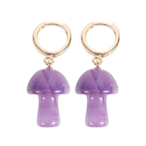 These enchanting mushroom earrings are crafted from polished amethyst. The mushroom-shaped gemstones harness the power of crystal healing, and are attached to small gold hoop earrings with a matching informational tag.