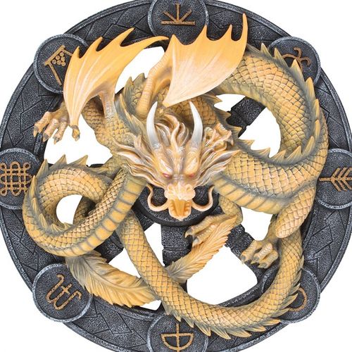 Infuse your space with mystical charm through this finely crafted resin wall plaque featuring Anne Stokes' enchanting 'Imbolc' dragon. This striking 3D artwork depicts a radiant yellow dragon encircled by sabbat symbols, with the Imbolc emblem poised above its powerful wings. Symbolizing the return of light as spring nears, this piece captures the magic of the seasonal shift between winter and spring. Part of the revered 'Dragons of the Sabbats' collection, it invites you to explore the deep connection betw