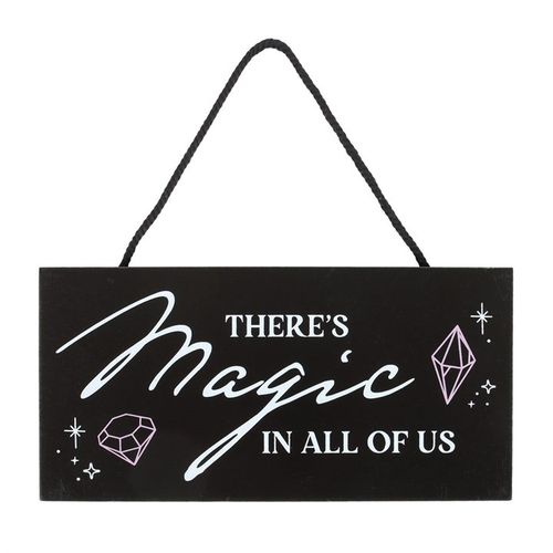 Celebrate the mystical energy within with this enchanting hanging sign. Adorned with the inspiring phrase "the magic is in all of us," it captures the spirit of crystal healing and magical living. Perfect for adding a touch of witchy charm to your space, this sign invites you to embrace the unseen wonders that surround us every day.