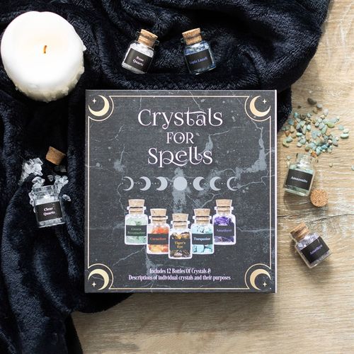 Enhance intentions and decorate your sacred space with this curated set of crystal chip jars. Includes 12 bottles filled with natural crystals for creating spell jars, crystals grids, jewellery and more, packaged in a padded, informational giftbox.