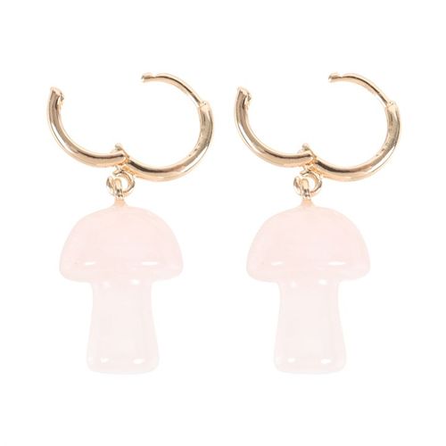 These enchanting mushroom earrings are crafted from polished rose quartz. The mushroom-shaped gemstones harness the power of crystal healing, and are attached to small gold hoop earrings with a matching informational tag.