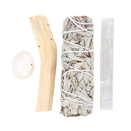 This smudge kit includes everything you need to cleanse your space of negative energies - just minus the match! Kit includes one bundle of dried white sage, a stick of palo santo, a selenite wand and a clear quartz tumblestone crystal for protection and inner healing.