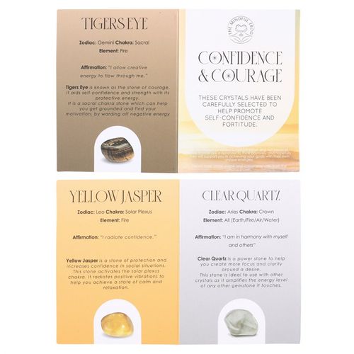 This Confidence & Courage crystal set includes a trio of healing stones selected for their power of positivity. Yellow jasper increases confidence in social situations, clear quartz promotes focus and tiger's eye provides an extra blanket of protective energy. 