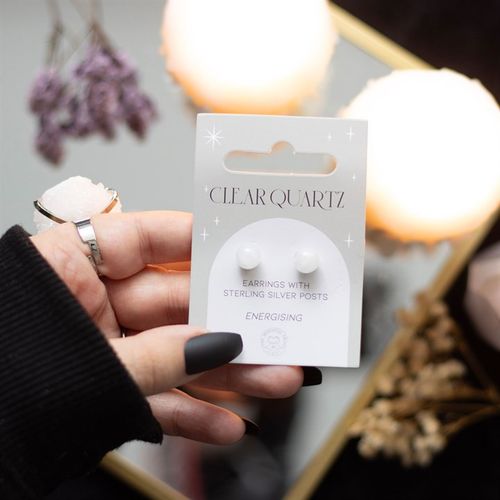 This pair of clear quartz crystal stud earrings comes on a matching backing card and makes a meaningful gift for those in need of spiritual protection. Clear quartz is a powerful semi-precious stone believed to amplify energy and promote clarity of mind, making it ideal for power and vitality.