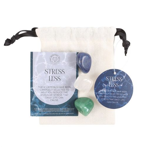 This Stress Less Healing Crystal Set features three carefully chosen stones to nurture calm and harmony. Green aventurine acts as a protective talisman, clear quartz sharpens the mind and deepens focus, while sodalite boosts self-worth and inner strength. Nestled in a mystical drawstring pouch and paired with an insightful guide, this collection is a sacred gift for those yearning to invite tranquility into their everyday journey.
