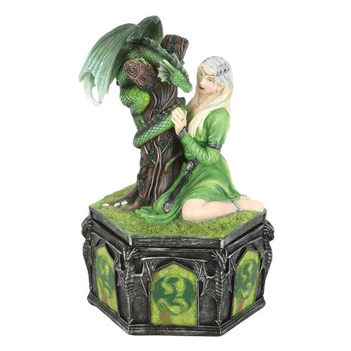 This exquisitely crafted resin box showcases a finely detailed figurine inspired by Anne Stokes' 'Kindred Spirits' dragon art, embodying the essence of summer. Ideal for safeguarding your cherished keepsakes, it merges enchanting design with everyday use. A magical treasure for any fantasy enthusiast, this officially licensed piece belongs to Anne Stokes' Dragon Friendship collection.