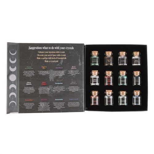 Enhance intentions and decorate your sacred space with this curated set of crystal chip jars. Includes 12 bottles filled with natural crystals for creating spell jars, crystals grids, jewellery and more, packaged in a padded, informational giftbox.