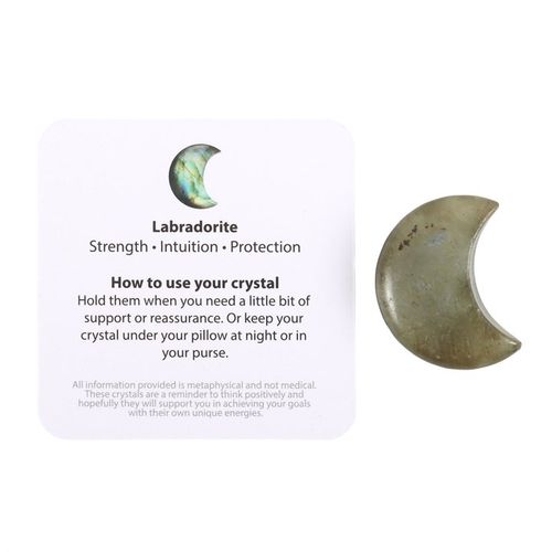 Capture the energy of the moon with this small crescent-shaped labradorite crystal. Accompanied by a matching sentiment card with inspiring, "Love you to the moon & back" text and a drawstring bag, it's the perfect token to remind someone of their inner strength and importance.