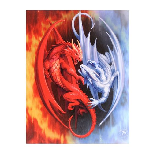 Immerse yourself in the mystical clash of elemental forces with this 19x25cm canvas wall plaque, showcasing the enchanting 'Fire and Ice' artwork by renowned fantasy artist Anne Stokes. This high-quality, full-colour print captures the fierce standoff between a blazing fire dragon and a shimmering ice dragon, embodying the eternal balance of power and magic. Perfect for adding a touch of otherworldly energy to your sacred space, this captivating piece invites you to embrace the duality of strength and seren
