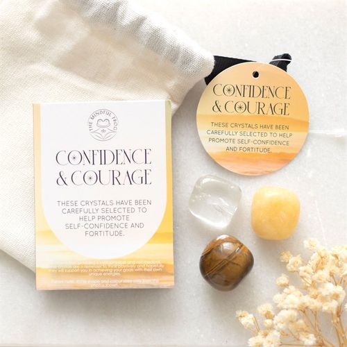 This Confidence & Courage crystal set includes a trio of healing stones selected for their power of positivity. Yellow jasper increases confidence in social situations, clear quartz promotes focus and tiger's eye provides an extra blanket of protective energy. 