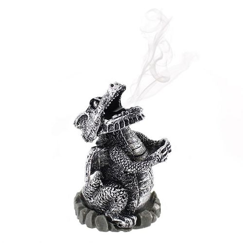 This silver resin dragon incense holder breathes mystical smoke from its mouth when you light an incense cone inside, creating an enchanting dragon-like display. Measuring 10cm tall, 6cm wide, and 6.5cm deep, it brings a magical touch to your sacred space. Packaged dimensions are 10.5cm by 7cm by 6cm.