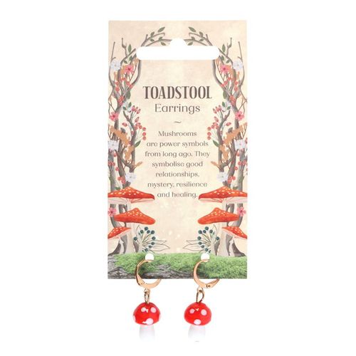 Add a touch of whimsical charm to your jewellery collection with these toadstool mushroom dangle earrings. These delightful earrings feature intricately designed toadstool mushrooms that hang gracefully from a pair of small gold hoop earrings, and comes with a matching informational tag.