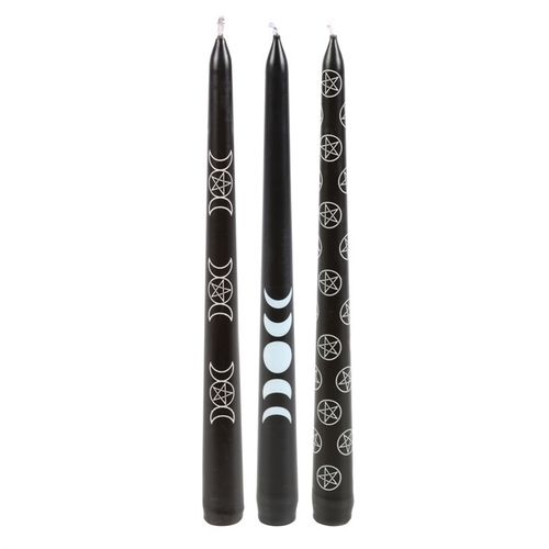 Mystic Black Taper Candle Trio with Magical Symbols – Set of 3