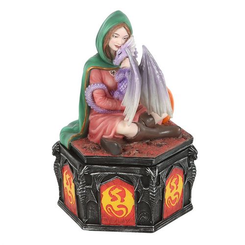 This exquisitely crafted resin box showcases a finely detailed figurine inspired by Anne Stokes' 'Safe Haven' dragon, embodying the cozy embrace of autumn. Ideal for keeping your cherished keepsakes, it merges enchanting artistry with everyday use, making it a magical treasure for any fantasy enthusiast. Officially licensed and belonging to Anne Stokes' Dragon Friendship series, this piece invites the spirit of fall into your sacred space.