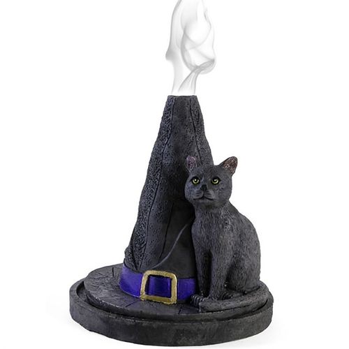 This enchanting witch hat incense burner features a charming cat design. As the incense cone burns, mystical smoke gracefully ascends from the hat’s peak, creating a captivating display. Crafted by Lisa Parker, it measures 11.5cm high and 10.5cm wide and deep, making it a perfect magical addition to your sacred space. Packaged thoughtfully at 14cm by 13cm by 13cm.