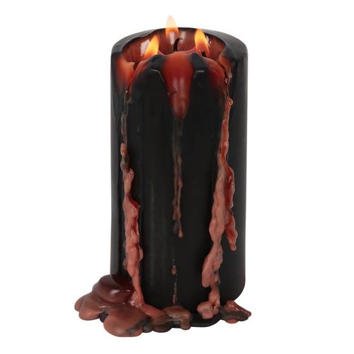 This large Vampire Blood pillar candle casts a spell with its mesmerizing bleeding wax effect, perfect for enchanting dinners or setting a mysterious ambiance. Rest it on a decorative pedestal to watch the warm wax drip like a dark potion, captivating all who behold it. Crafted from unscented paraffin wax, it offers around 7 hours of flickering magic. Remember to shield your surfaces and never leave the flame unattended. Dimensions: 15.2cm tall by 7.5cm wide. Embrace the mystic glow and let the shadows danc
