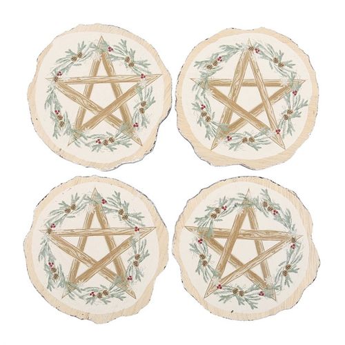 Gather your loved ones for moments of warmth and connection with this enchanting set of four rustic wood slice coasters, each adorned with a mystical winter pentagram. Perfect for setting a magical atmosphere at your table, these coasters invite comfort and conversation during everyday feasts or sacred celebrations.