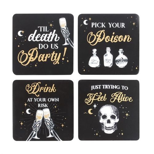 Add a spellbinding edge to your home bar with this set of four black and gold skeleton coasters. Crafted for those who embrace the mysterious and the macabre, these coasters weave elegant artistry with enchanting, clever phrases, casting a unique charm over your gatherings.