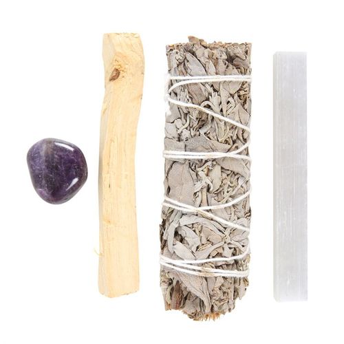 This smudge kit includes everything you need to cleanse your space of negative energies - just minus the match! Kit includes one bundle of dried white sage, a stick of palo santo, a selenite wand and an amethyst tumblestone crystal for promoting positivity and wellbeing.