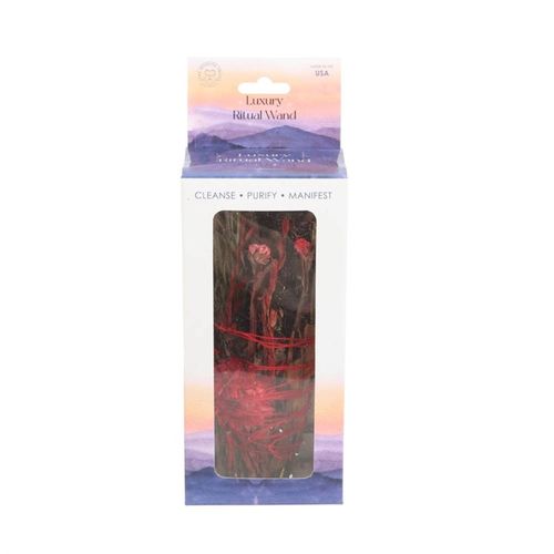 The act of ‘smudging’ is a traditional Native American practice used to cleanse and purify spaces using the smoke of burning sacred herbs. Sustainably sourced and made in the USA, this beautiful ritual wand features fragrant rosemary, dried red flowers, cinnamon bark and yerba santa sage thoughtfully handtied into a tight bundle for burning and display.