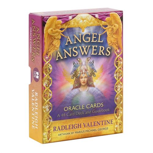 The Angel Answers Oracle card set, crafted by Radleigh Valentine, features 44 beautifully illustrated cards and a 185-page guidebook. This mystical deck channels the insight and guidance of your guardian angel, helping you navigate crucial choices with clarity and divine wisdom. Encased in an elegant sliding box, the artwork by Marius Michael-George adds a magical touch to your spiritual journey.