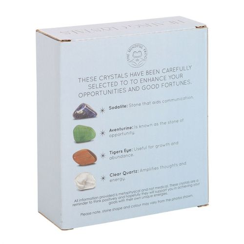 This stunning set of healing crystals comes with four crystal tumblestones to help attract prosperity and success. Includes a crescent moon trinket dish, matching information card and a printed drawstring, making this a meaningful gift for those in need of some extra care.