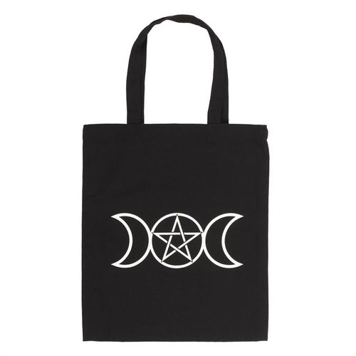 Perfect for doing the weekly shop, carrying library books, holding essentials for short day trips and more, this cotton tote bag makes a great eco-friendly addition to anyone's collection. Features a triple moon design printed on black with a pentagram in the centre.