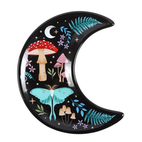 This enchanting crescent moon trinket dish showcases intricate artwork of a night-time forest scene, alive with vibrant plants and creatures, accented by shimmering golden stars to evoke celestial wonder. Perfect for keeping your cherished jewels and keepsakes safe in a magical embrace.