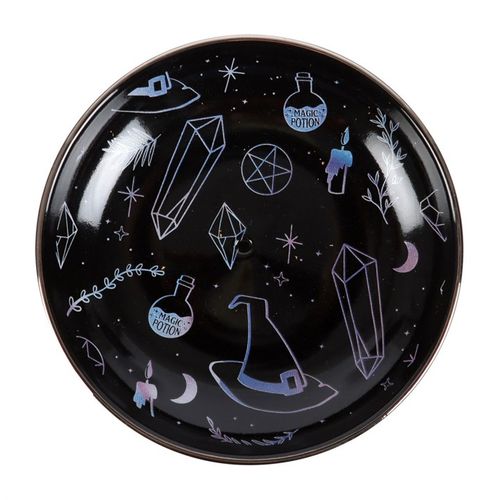 Black plate with white illustrations of witch hats, potions, and crystals on a white background