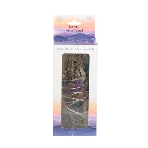 The act of ‘smudging’ is a traditional Native American practice used to cleanse and purify spaces using the smoke of burning sacred herbs. Sustainably sourced and made in the USA, this beautiful ritual wand features fragrant rosemary, white sage, lavender flowers, abalone shell pieces and a raw aventurine crystal thoughtfully handtied into a tight bundle for burning and display.