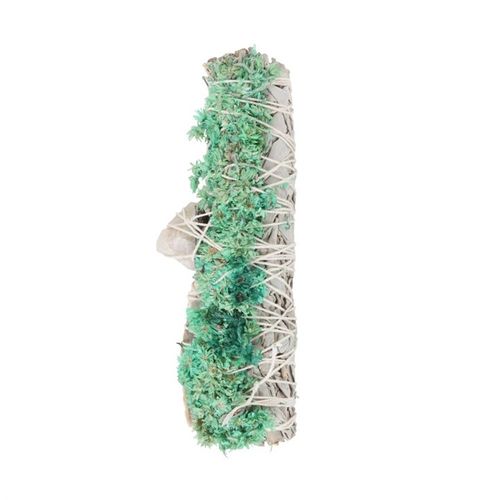 The act of ‘smudging’ is a traditional Native American practice used to cleanse and purify spaces using the smoke of burning sacred herbs. Sustainably sourced and made in the USA, this beautiful ritual wand features white sage, abalone shell pieces, dried green flowers and a raw quartz crystal thoughtfully handtied into a tight bundle for burning and display.