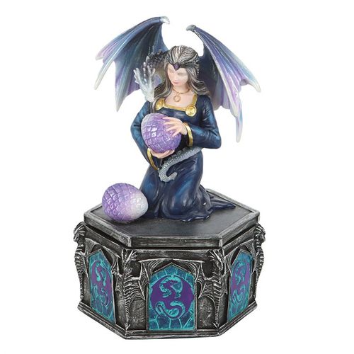 This exquisitely crafted resin box showcases a finely detailed figurine inspired by Anne Stokes' 'Siblings' dragon design, symbolizing the awakening and blossoming of spring. Ideal for keeping your cherished trinkets safe, it merges enchanting artistry with everyday use. A magical treasure for any fantasy enthusiast, this officially licensed piece belongs to Anne Stokes' Dragon Friendship collection.