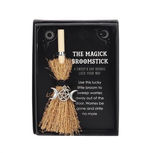This enchanting mini broomstick charm bears the inscription, "A sweep a day brings luck your way." Ideal for magical rituals, daily affirmations, or simply carrying with you to invite luck and positive energy into your life. Dimensions: 10cm tall, 7.5cm wide, 1.5cm deep; packaged size: 11cm x 8cm x 3cm.